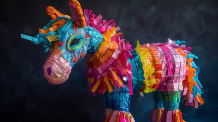 A vibrant piñata in the shape of a unicorn, adorned with colorful paper fringes, set against a dark background. This HD image serves as an eye-catching desktop wallpaper.