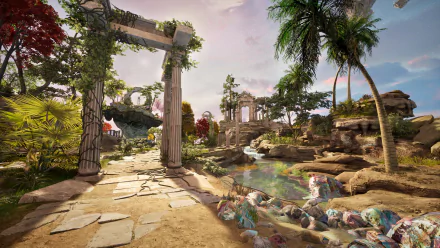 HD desktop wallpaper featuring the scenic landscape of Islands of Insight video game with ancient ruins and lush greenery.