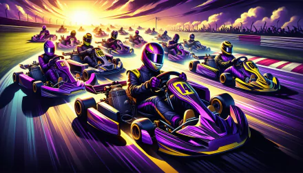 An artistic HD desktop wallpaper featuring multiple kart racers speedily navigating a turn on a vibrant, color-saturated track at dusk.