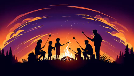 HD wallpaper featuring silhouetted people enjoying a campfire under a starry twilight sky.