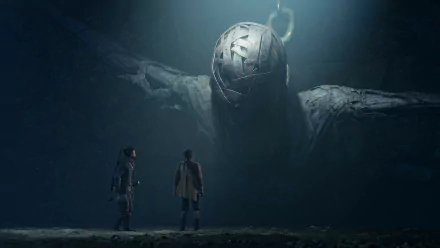 HD wallpaper featuring two characters from Banishers: Ghosts of New Eden video game standing before a colossal statue in a mysterious cavern.