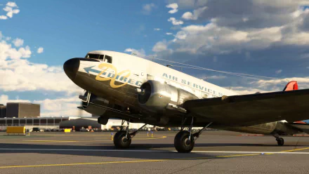 HD desktop wallpaper featuring a vintage aircraft from Microsoft Flight Simulator video game with a detailed airport background.