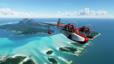 HD wallpaper from Microsoft Flight Simulator featuring a twin-engine plane flying over a picturesque tropical coastline.