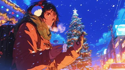 Anime character enjoying a snowy Christmas evening with a sparkling Christmas tree in the background, HD wallpaper.