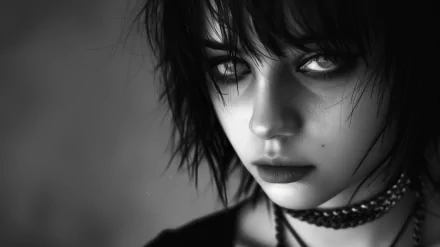 A close-up of a dark, emo girl with striking features and intense eyes, captured in high definition. This image serves as a bold desktop wallpaper and background.