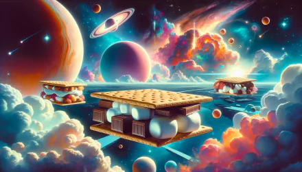 HD desktop wallpaper featuring s'mores in a whimsical space setting with colorful planets and stars.