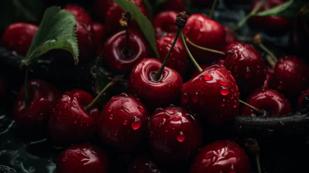 A close-up of vibrant, fresh cherries with droplets of water, set against a dark background, creating a rich and appealing HD desktop wallpaper.