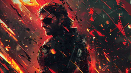 HD desktop wallpaper featuring dynamic Metal Gear fan art with an intense character portrait set against a vivid red explosive background.