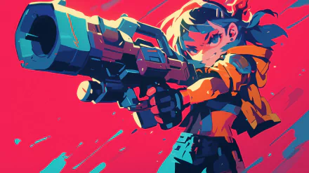 HD desktop wallpaper featuring an animated space pirate character holding a large futuristic blaster with a vibrant red and blue background.