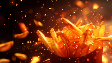 HD desktop wallpaper featuring a glowing container of french fries with a fiery, spark-filled background.