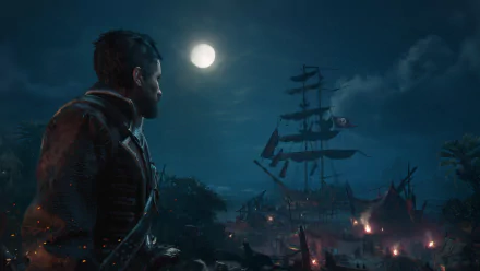 HD wallpaper featuring a scene from the video game Skull and Bones with a character overlooking a moonlit pirate ship and fiery village.