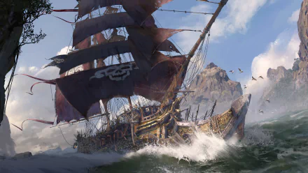 HD wallpaper featuring a pirate ship with a Skull and Bones flag, navigating stormy seas, from the video game Skull and Bones.