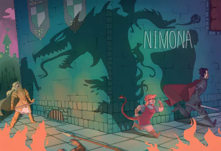 HD wallpaper featuring characters from the movie Nimona walking along a street with shadowy dragon murals and the title 'Nimona' on the wall.