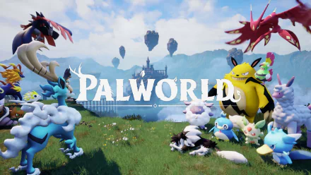 HD wallpaper of Palworld video game featuring colorful creatures in a fantasy landscape for desktop background.