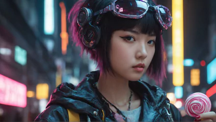 Cyberpunk-themed AI art portrait of a young woman with futuristic goggles and neon-lit urban background, rendered in 4K Ultra HD for PC desktop wallpaper.