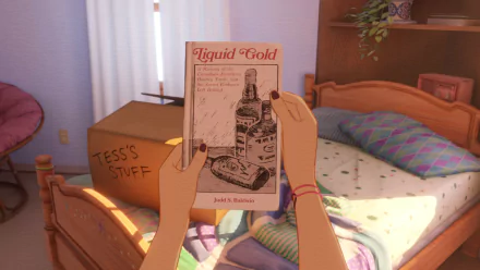 Hand holding a sketchbook with 'Liquid Gold' drawn on it from the video game Open Roads, presented as a high-definition desktop wallpaper featuring a room with 'Tess's Stuff' box and a colorful bed in the background.