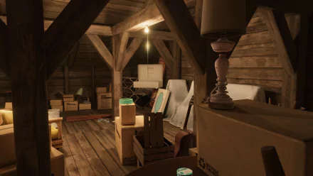 HD desktop wallpaper from the video game Open Roads featuring an atmospheric scene inside a cozy, lamp-lit attic filled with boxes and paintings.
