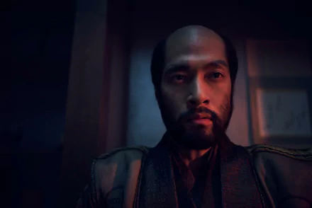 Close-up of a serious-looking character from the 2024 TV show Shogun, suited for a high-definition desktop wallpaper.
