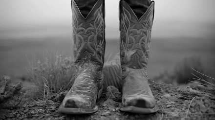 Close-up black and white image of intricately designed cowboy boots for HD desktop wallpaper background.