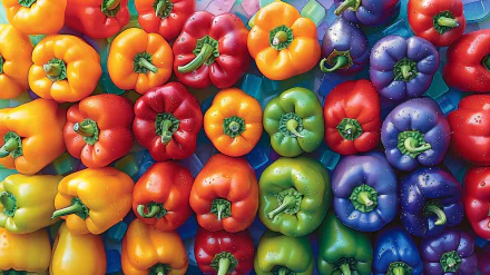 HD wallpaper featuring a colorful array of red, yellow, green, and blue bell peppers for a vibrant desktop background.