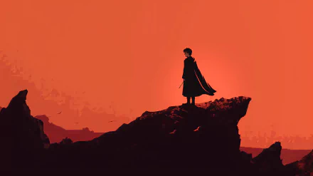 Alt Text: Silhouette of a person standing on a cliff with a cloak against a striking sunset background, Harry Potter-themed HD desktop wallpaper.