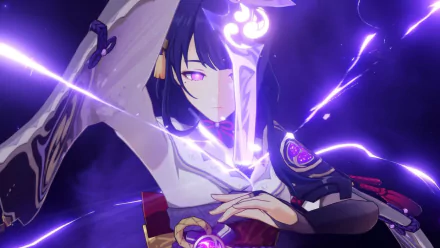 HD desktop wallpaper featuring Acheron from Honkai: Star Rail video game, with vibrant purple energy effects.