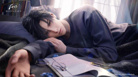 HD desktop wallpaper featuring an introspective male video game character from Love and Deepspace, with a calm, cozy ambiance.