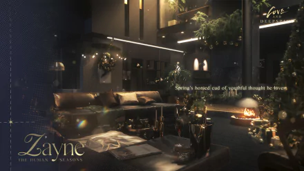 HD desktop wallpaper featuring a luxurious room with Love and Deepspace theme from the video game Zayne: The Inbetween Seasons.