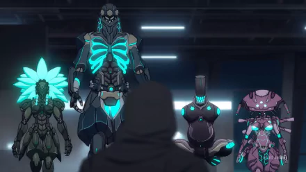 A captivating HD wallpaper from Ninja Kamui, featuring a cloaked figure facing off against striking robots adorned with glowing details in a futuristic setting.