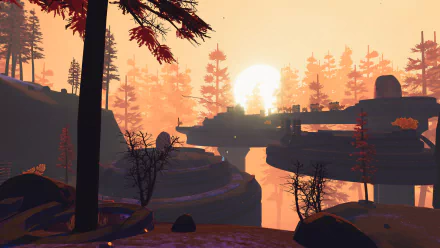 HD desktop wallpaper featuring a serene sunset scene from the video game Risk of Rain 2 with silhouetted trees and terrain against a vibrant orange sky.