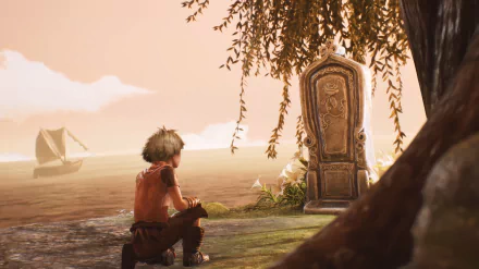 HD desktop wallpaper featuring a poignant scene from Brothers: A Tale of Two Sons Remake with a character by a grave under a tree.