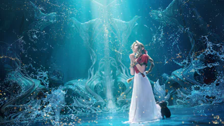 Aerith Gainsborough stands amidst a mystical blue water swirl background in this HD wallpaper for Final Fantasy VII Rebirth.