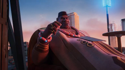 A character from the TV show Iwájú stands imposingly against a cityscape—HD desktop wallpaper.