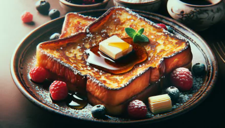 A beautifully plated French toast topped with butter and syrup, surrounded by fresh berries, set against a warm, inviting backdrop. A delicious HD desktop wallpaper.