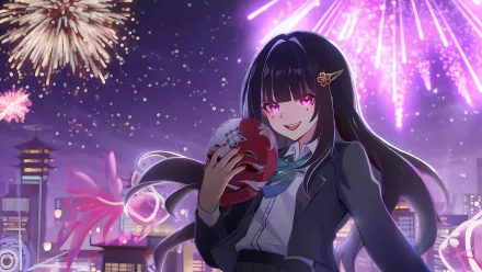 HD wallpaper of Sparkle from Honkai: Star Rail, depicting the character smiling with a mysterious orb, set against a backdrop of dazzling fireworks and a vibrant night sky.