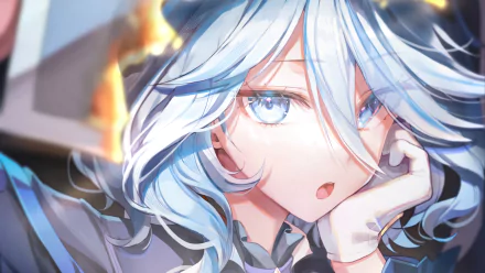 HD desktop wallpaper featuring Furina from Genshin Impact, showcasing her striking blue hair and captivating expression against a dynamic background.