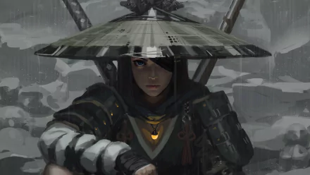 HD wallpaper featuring an anime blue-eyed samurai with a traditional helmet, poised and ready for battle, set against a moody, grey background for a powerful desktop theme.