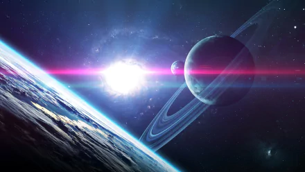 4K Ultra HD desktop wallpaper showcasing a vibrant space scene with a glowing star, ringed planet, distant galaxy, and countless stars in the vast universe.