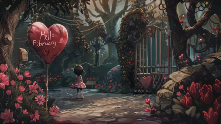 HD February-themed desktop wallpaper featuring a whimsical garden setting with a child looking at a heart-shaped balloon inscribed with 'Hello February'.