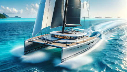 Luxury catamaran sailing on the ocean with sails unfurled, HD wallpaper background.