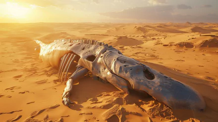 A stunning HD desktop wallpaper featuring a large fossilized whale skeleton resting in a desert landscape under a warm sunset, capturing the contrast between life and desolation.