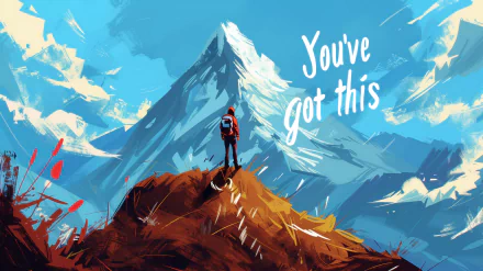 Motivational HD desktop wallpaper featuring a hiker overlooking a mountain peak with the inspirational message You've got this.