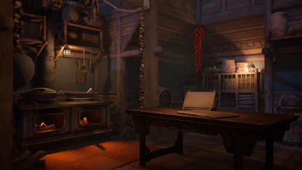 HD wallpaper of 'The Pirate Queen: A Forgotten Legend' video game with cozy cabin interior design featuring a wooden table, map, and dim lighting.