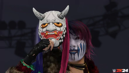 HD wallpaper featuring a character from WWE 2K24 video game with a striking half-face mask and face paint.