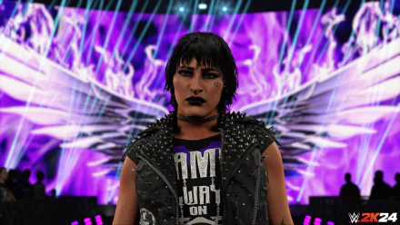 WWE 2K24 video game character entrance with vibrant purple graphics, available as HD desktop wallpaper and background.
