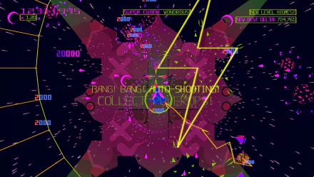 HD desktop wallpaper featuring colorful graphics from the Akka Arrh video game, with vibrant shapes and game score overlay.