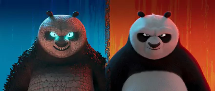 HD wallpaper featuring Po from Kung Fu Panda 4 with a striking blue and red background.