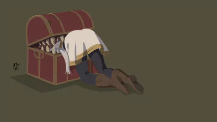 Anime-style 4K Ultra HD wallpaper featuring a character from Frieren: Beyond Journey's End, depicted humorously stuck headfirst in a treasure chest.