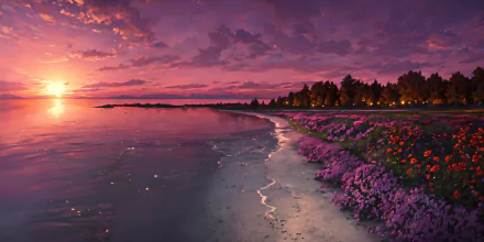 Anime-style sunset landscape with purple skies and floral beach, HD wallpaper.