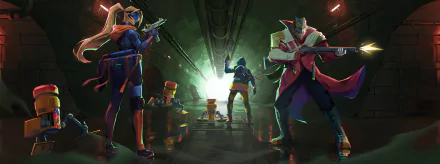 HD desktop wallpaper featuring characters from the video game Riftstorm poised for action in a dynamic, sci-fi corridor setting.